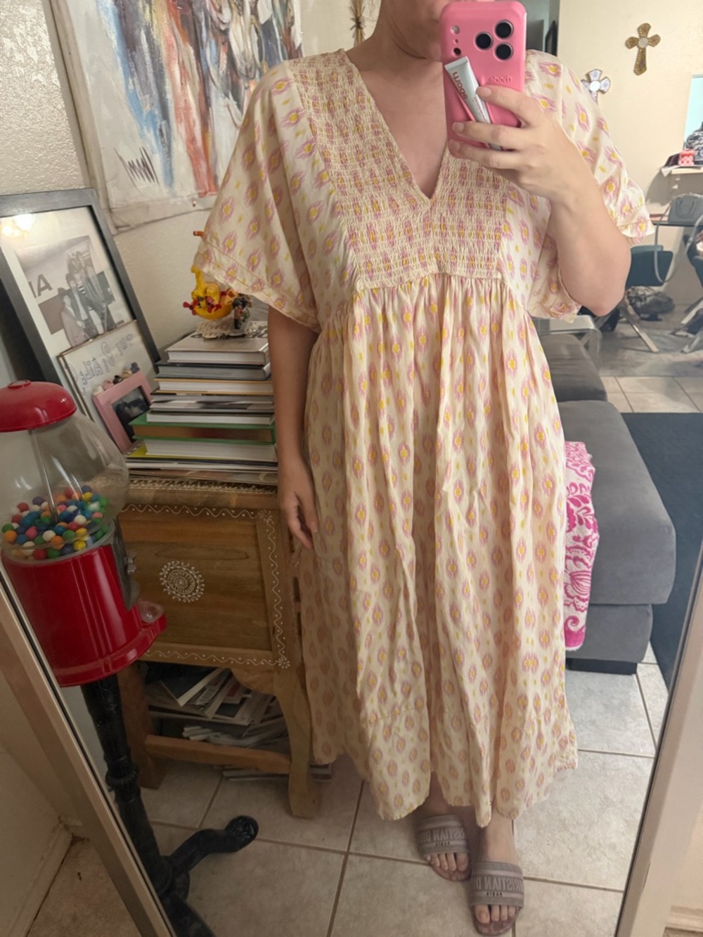 Zara Light Pink Printed V-Neck Midi Dress